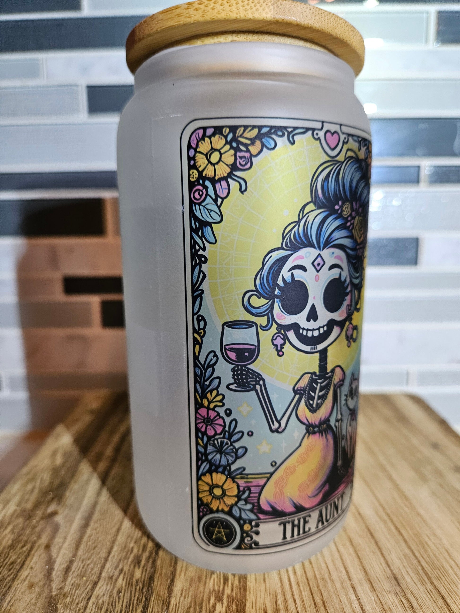 16 oz Frosted Tarot Card The Aunt** Attitude** Skeleton**Fun**Beer Glass*** Bambo** Coffee Cup**