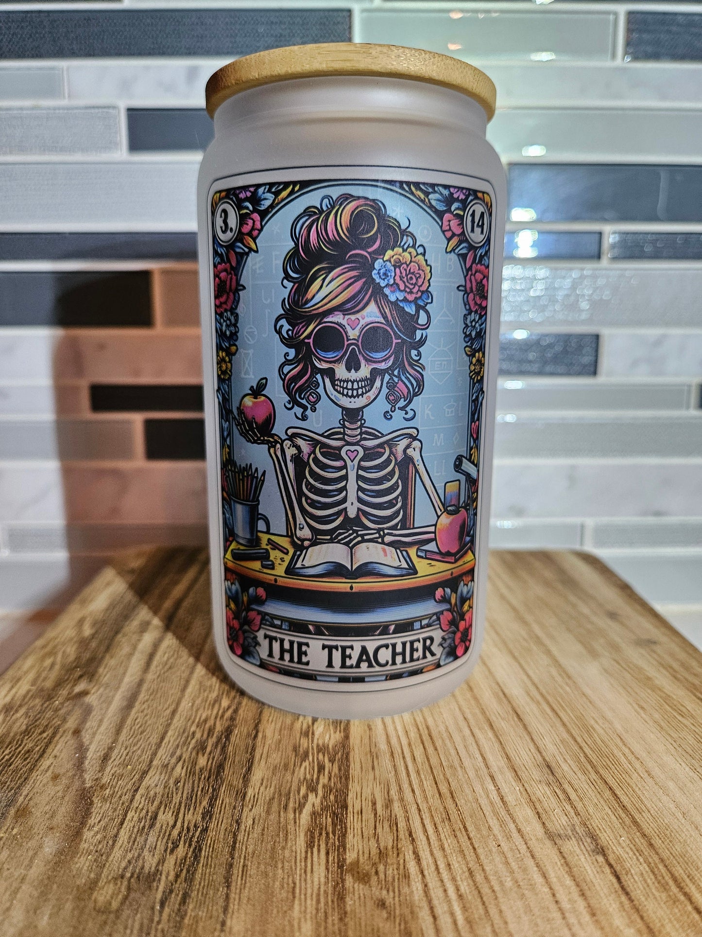 16 oz Frosted Tarot Card The Teacher** Attitude** Skeleton**Fun**Beer Glass*** Bambo** Coffee Cup**