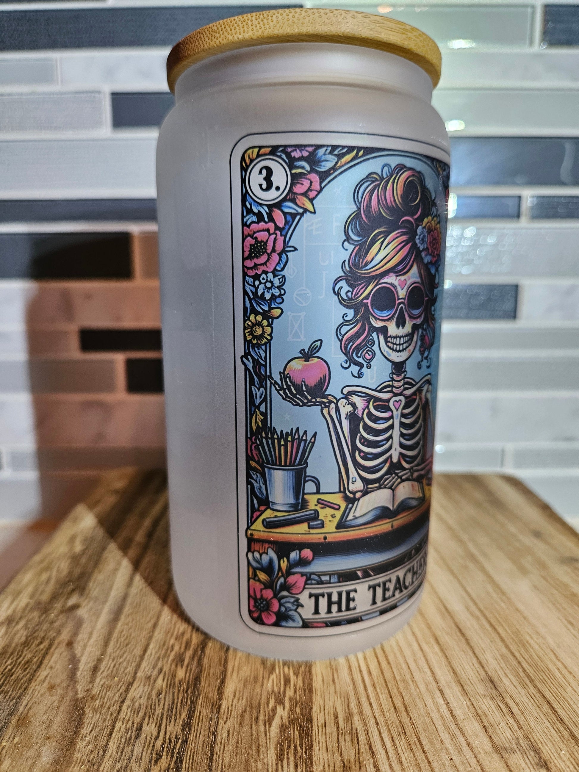 16 oz Frosted Tarot Card The Teacher** Attitude** Skeleton**Fun**Beer Glass*** Bambo** Coffee Cup**