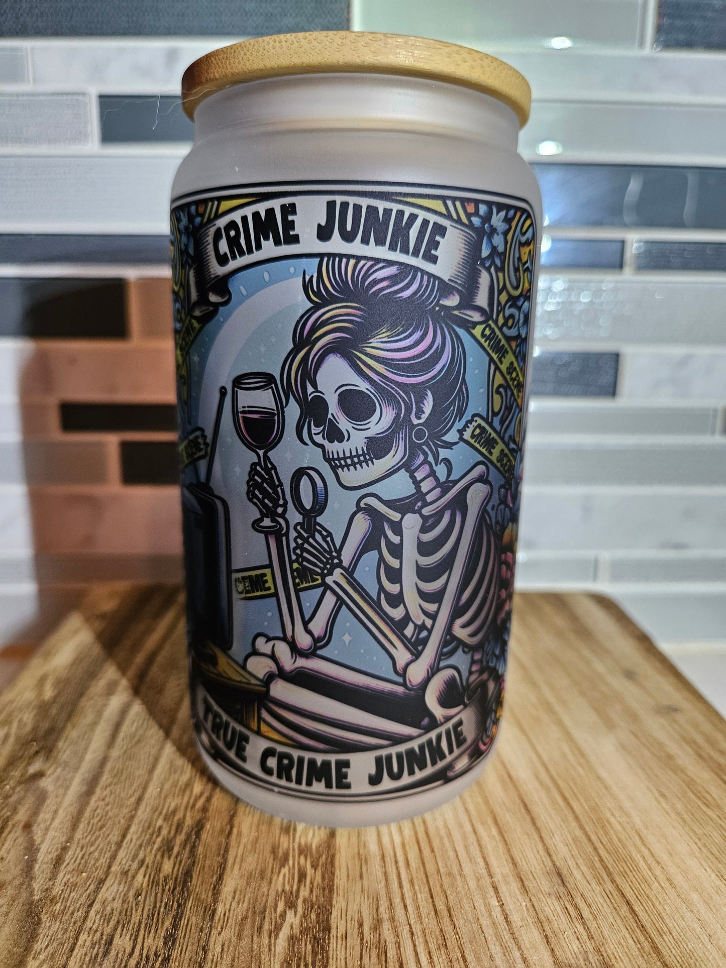 16 oz Frosted Tarot Card True Crime Junkie** Attitude** Skeleton**Fun**Beer Glass*** Bambo** Coffee Cup**