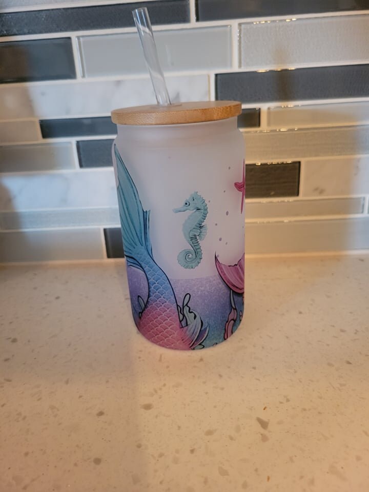 16 oz frosted cup glass**mermaid**seahorses**Starfish**cold cup**reusable cup** cup with lid and straw**Beer cup*