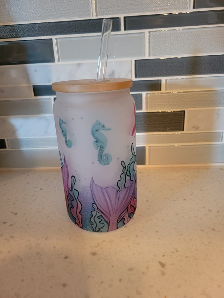 16 oz frosted cup glass**mermaid**seahorses**Starfish**cold cup**reusable cup** cup with lid and straw**Beer cup*