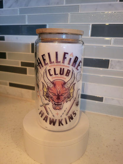 16 oz Hell Fire Club frosted cup glass**Hawkins***Stranger Things**cold cup**reusable cup** cup with lid and straw**Beer cup*