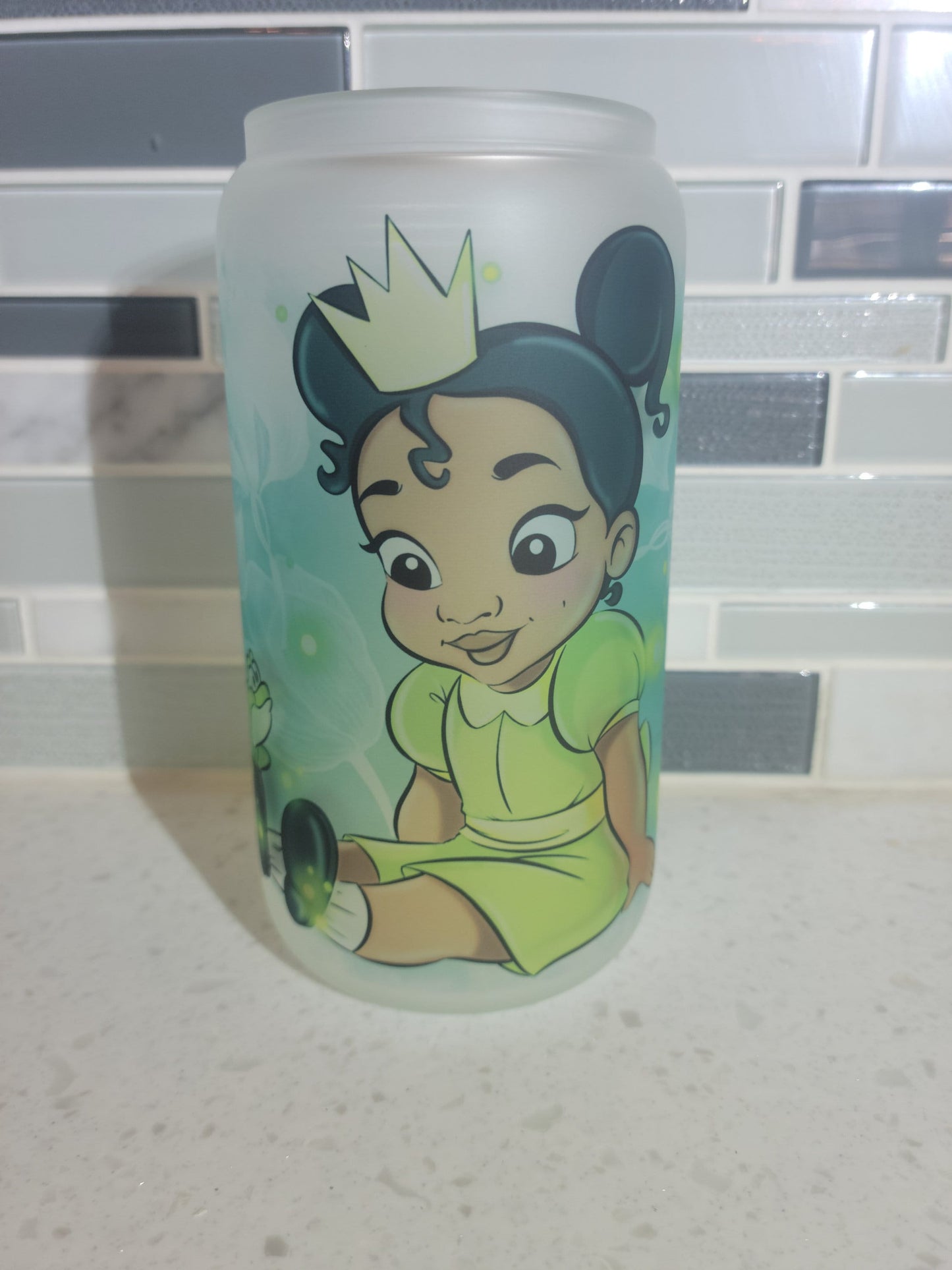 16 oz frosted cup glass**princess**Frog**cartoon**cold cup**reusable cup** cup with lid and straw**Beer cup**