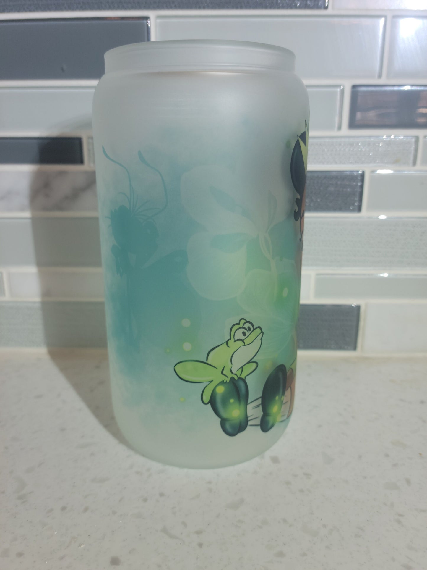 16 oz frosted cup glass**princess**Frog**cartoon**cold cup**reusable cup** cup with lid and straw**Beer cup**