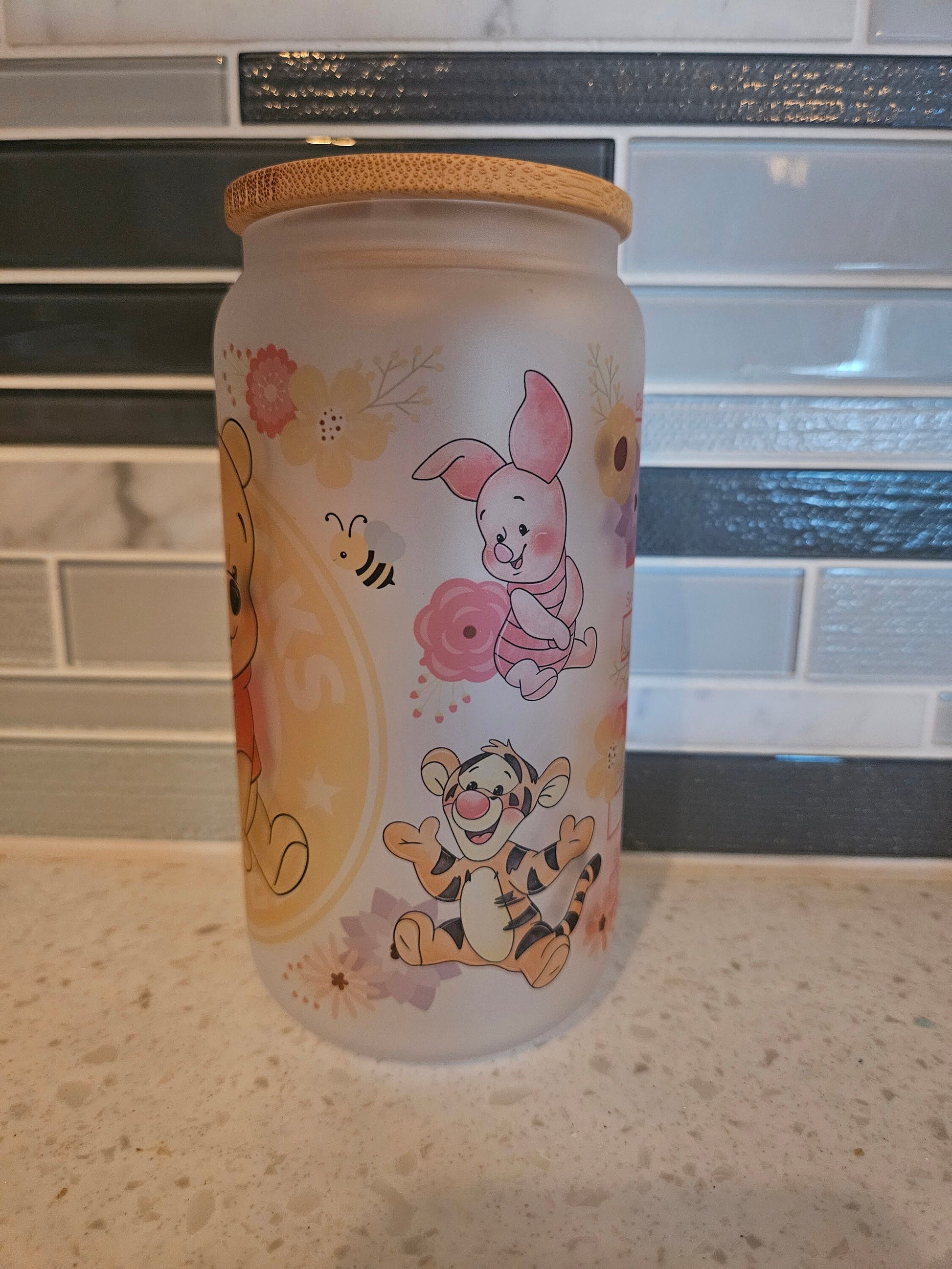 16 oz frosted cup **Winnie **Tigger**Eeyore**cartoon**cold cup**reusable cup** cup with lid and straw**Beer cup**