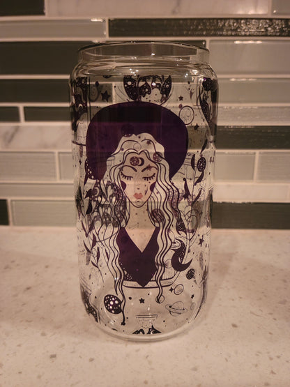 16 oz frosted cup glass**Witchy vibes**witch**cold cup**reusable cup** cup with lid and straw**Beer cup*