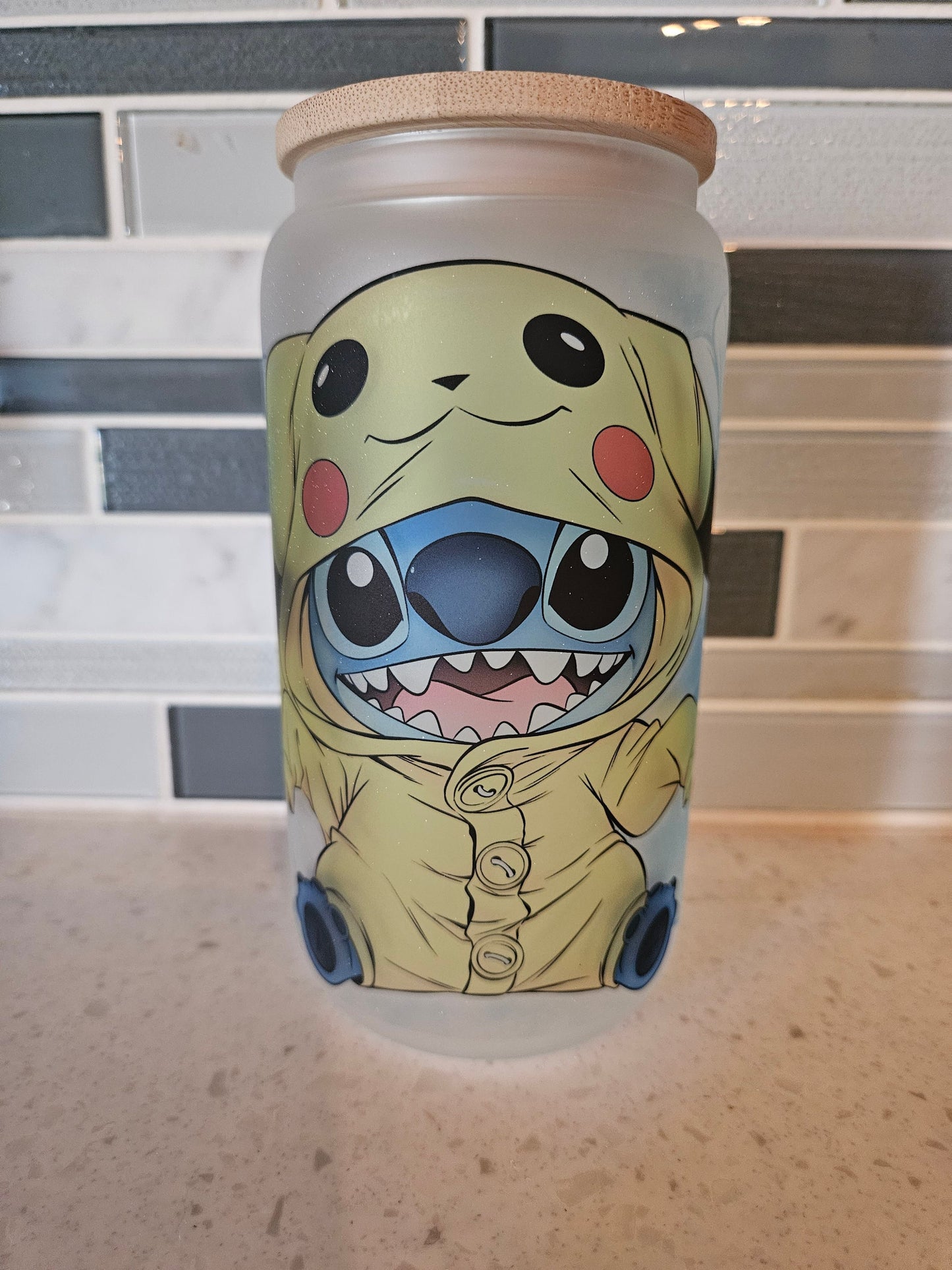 16 oz frosted cup glass**cute and fluffy**pikachu**pokemon**cold cup**reusable cup** cup with lid and straw**Beer cup*