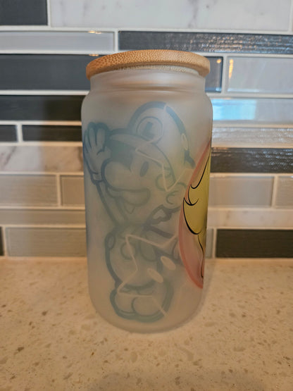 16 oz frosted cup **Peach **Gamer**Plumbers**Mario**cartoon**cold cup**reusable cup** cup with lid and straw**Beer cup**