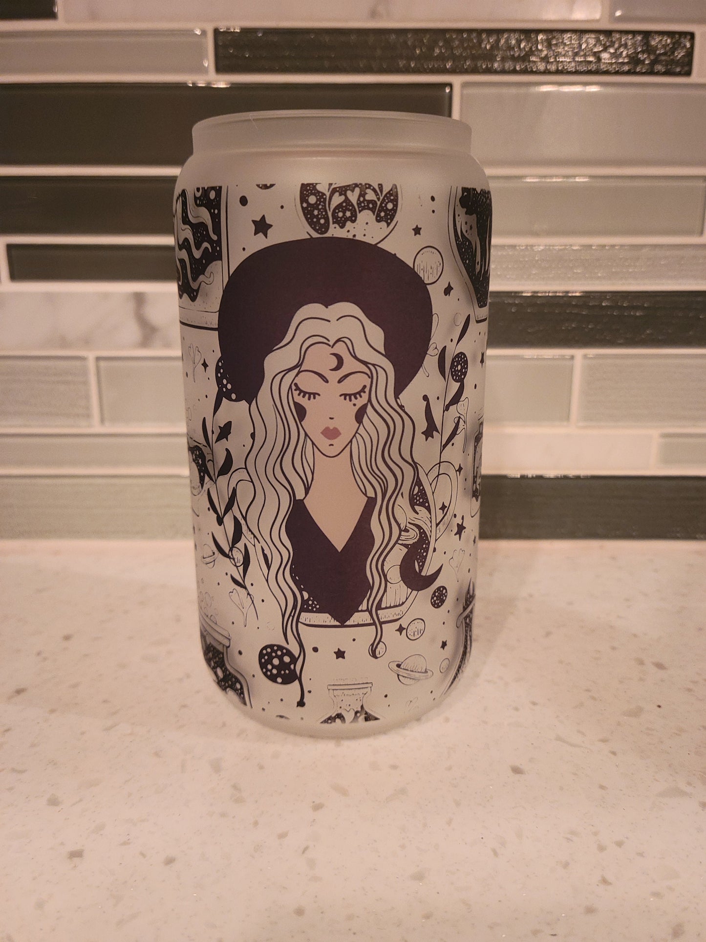 16 oz frosted cup glass**Witchy vibes**witch**cold cup**reusable cup** cup with lid and straw**Beer cup*