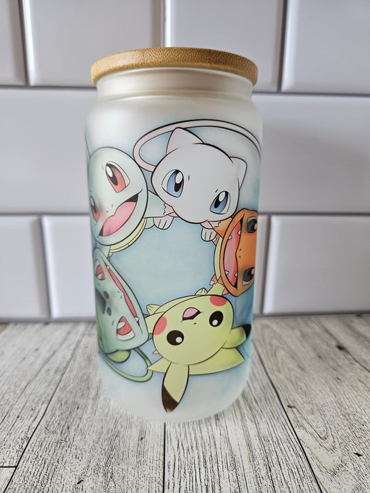 16 oz frosted cup **Pokemon**pikachu**charmander**squritle**balbasaur**cartoon**cold cup**reusable cup** cup with lid and straw**Beer cup**