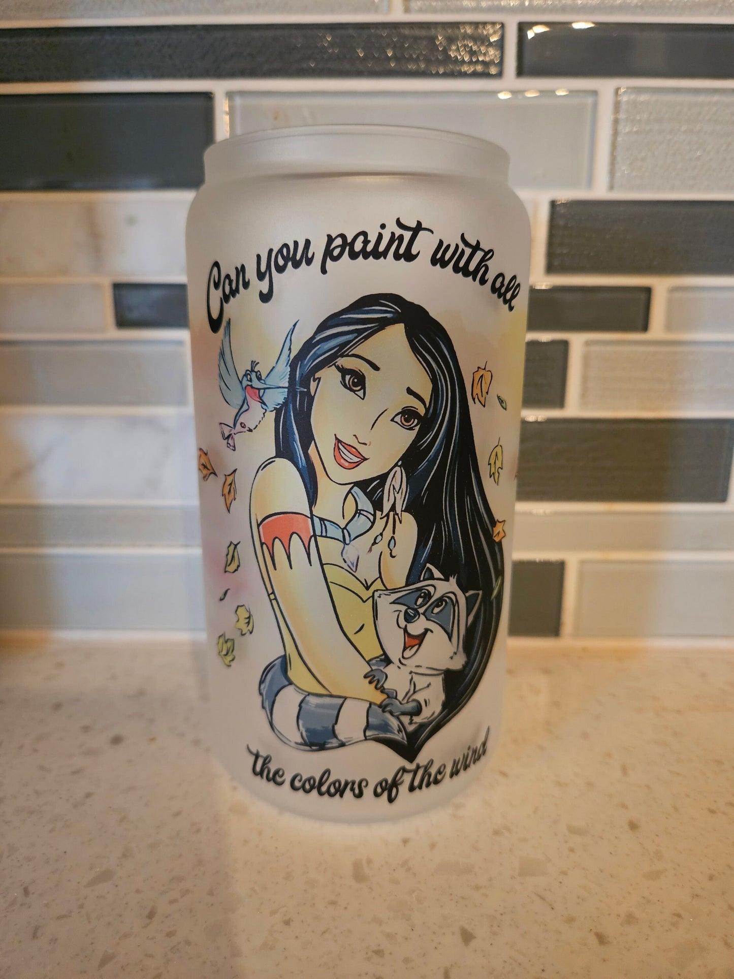 16 oz frosted cup glass**Pocahontas**princess**Meeko**cartoon**cold cup**reusable cup** cup with lid and straw**Beer cup**