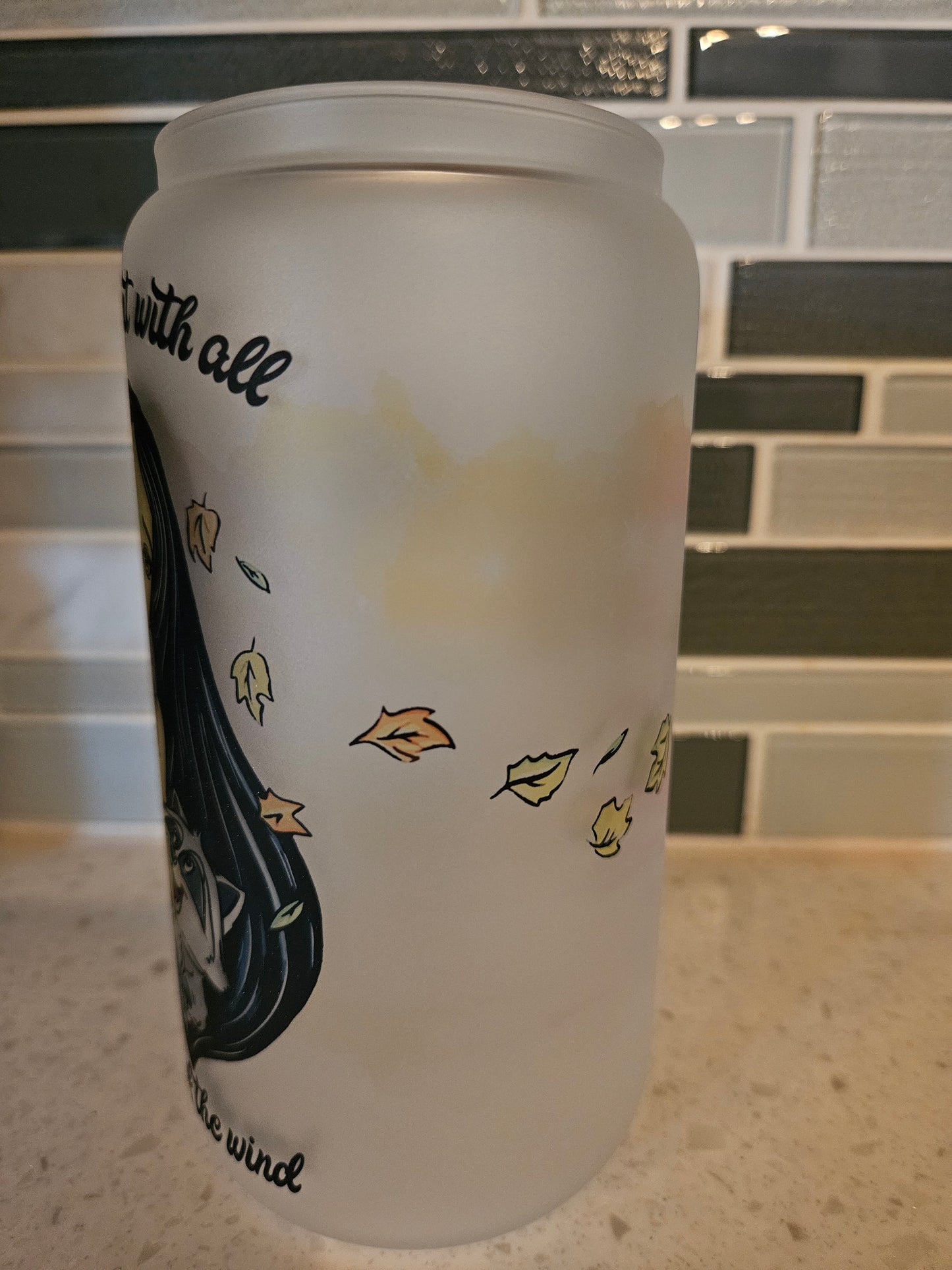 16 oz frosted cup glass**Pocahontas**princess**Meeko**cartoon**cold cup**reusable cup** cup with lid and straw**Beer cup**