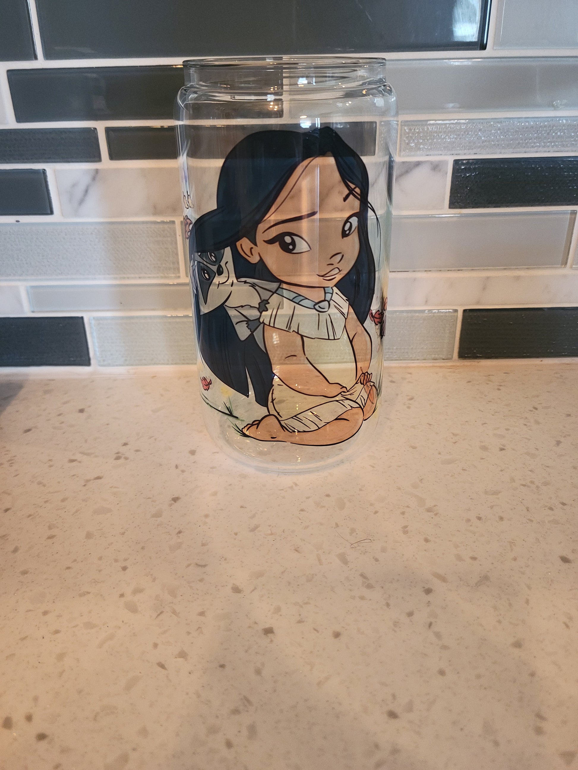 16 oz frosted cup glass**Pocahontas**princess**Meeko**cartoon**cold cup**reusable cup** cup with lid and straw**Beer cup**