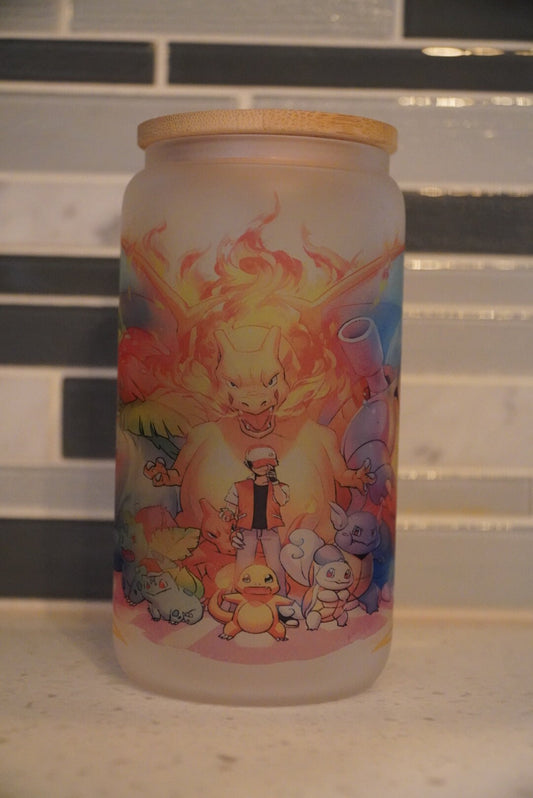 16 oz frosted cup **Pokemon**pikachu**charmander**squritle**balbasaur**cartoon**cold cup**reusable cup** cup with lid and straw**Beer cup**