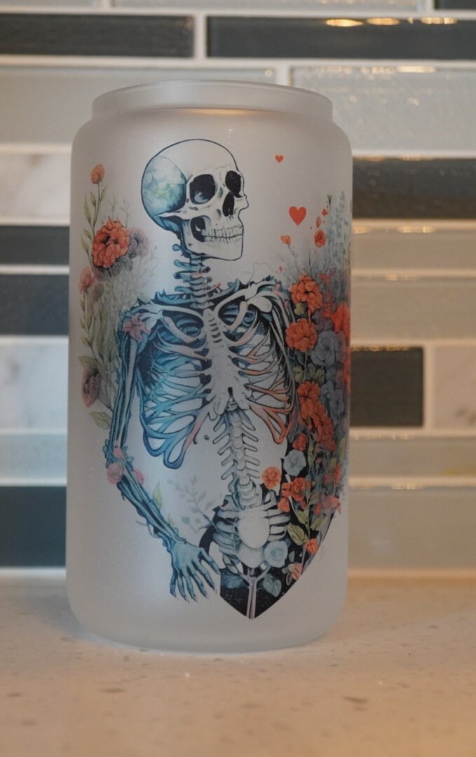 16 oz frosted cup glass**Moom life**It's all messy**Skeleton**floral**cold cup**reusable cup** cup with lid and straw**Beer cup*