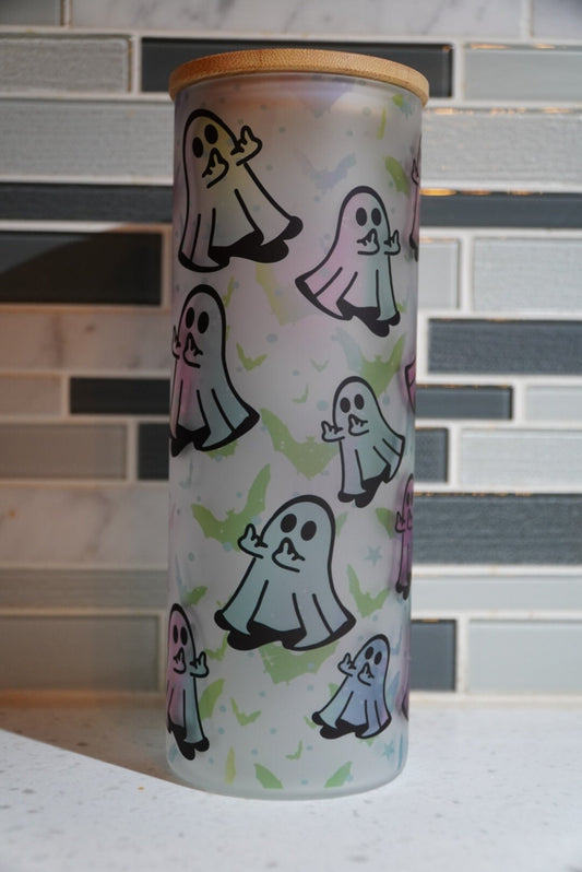 25 oz frosted cup glass**Ghost**adult**Spooky Vibes**Skeleton*Witchy**Halloween**cold cup**reusable cup** cup with lid and straw**