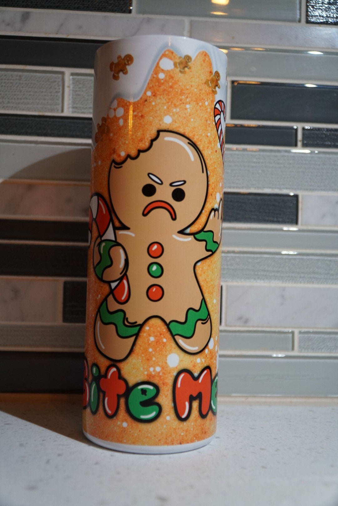 20 oz Tumbler**Bite Me**Gingerbread**Christmas**Holiday**adult*Hot cup**cold cup**reusable cup** cup with lid and straw**Tumbler**