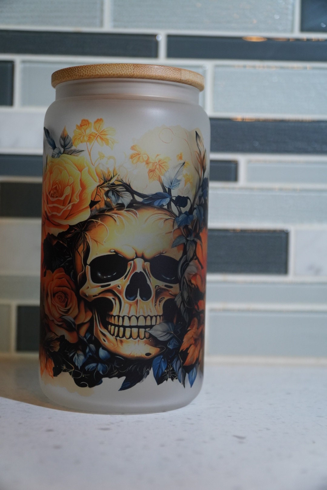 Skull ** Floral**skull**flowers**fall**witchy vibes** coffee**16 oz beer glass