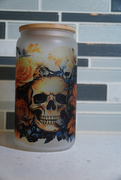 Skull ** Floral**skull**flowers**fall**witchy vibes** coffee**16 oz beer glass