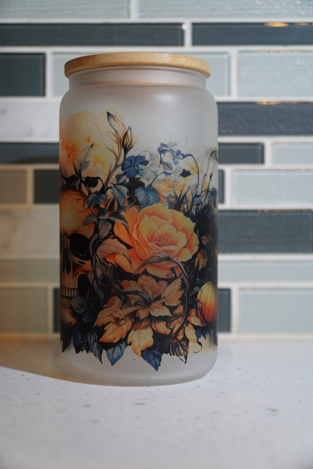 Skull ** Floral**skull**flowers**fall**witchy vibes** coffee**16 oz beer glass