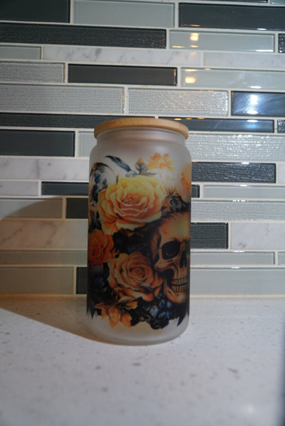 Skull ** Floral**skull**flowers**fall**witchy vibes** coffee**16 oz beer glass