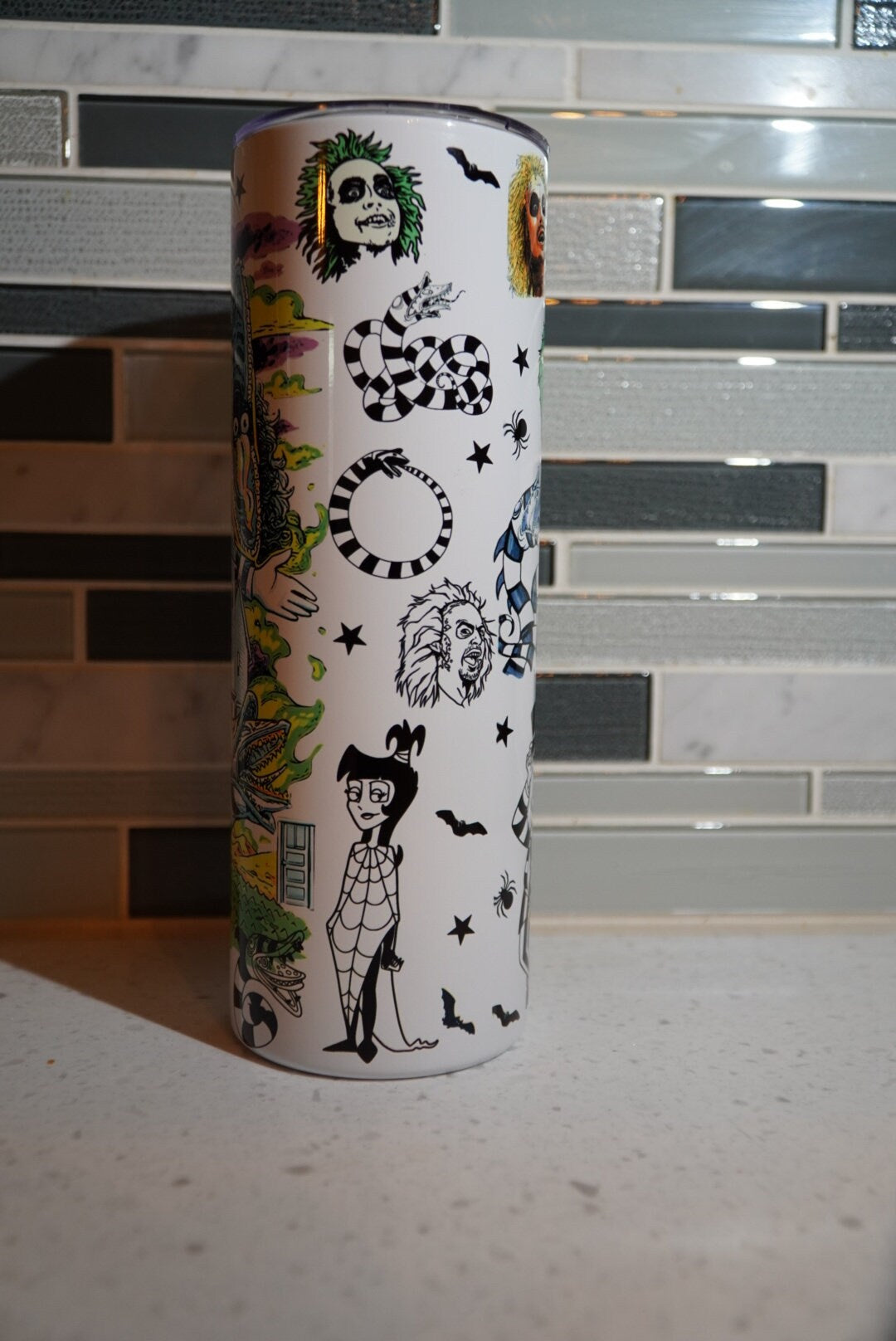 BeetleJuice**It's Showtime**Never Trust the Living***Black and White**20 oz tumbler