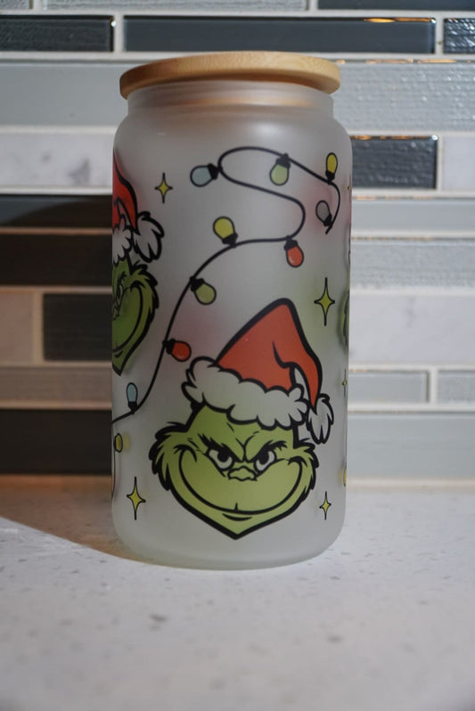 16 oz frosted cup glass**Coffee***Grinch**Christmas**ornaments**cold cup**reusable cup** cup with lid and straw**Beer cup*