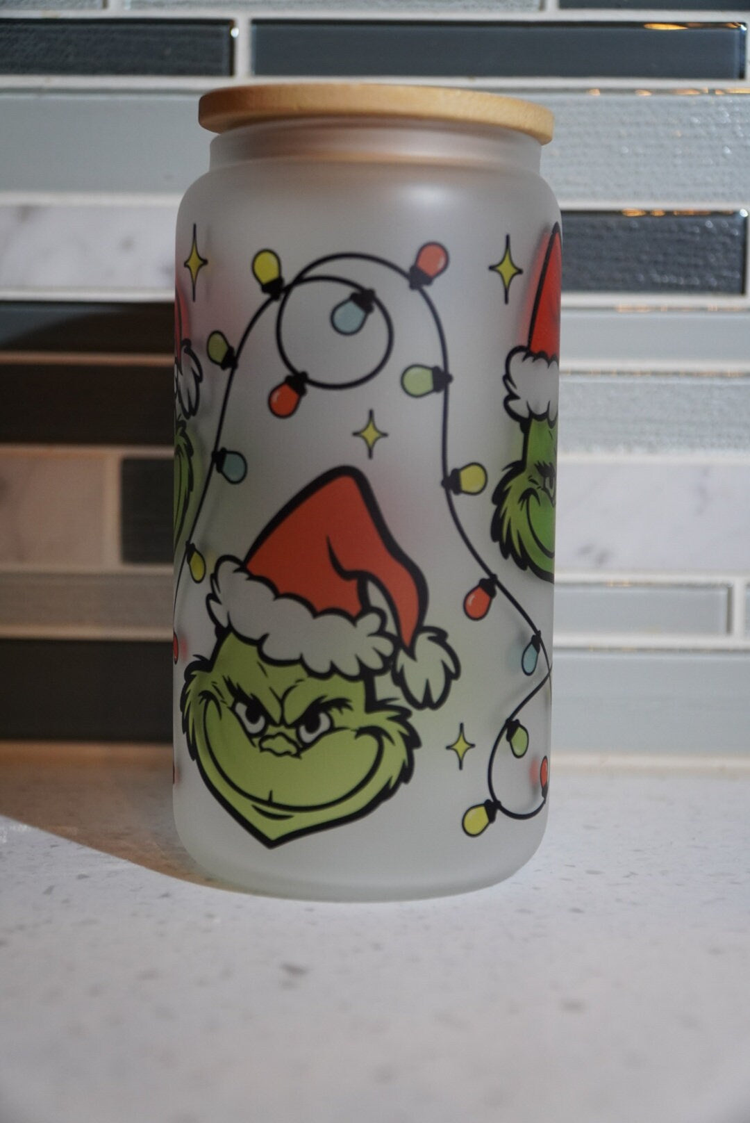 16 oz frosted cup glass**Coffee***Grinch**Christmas**ornaments**cold cup**reusable cup** cup with lid and straw**Beer cup*