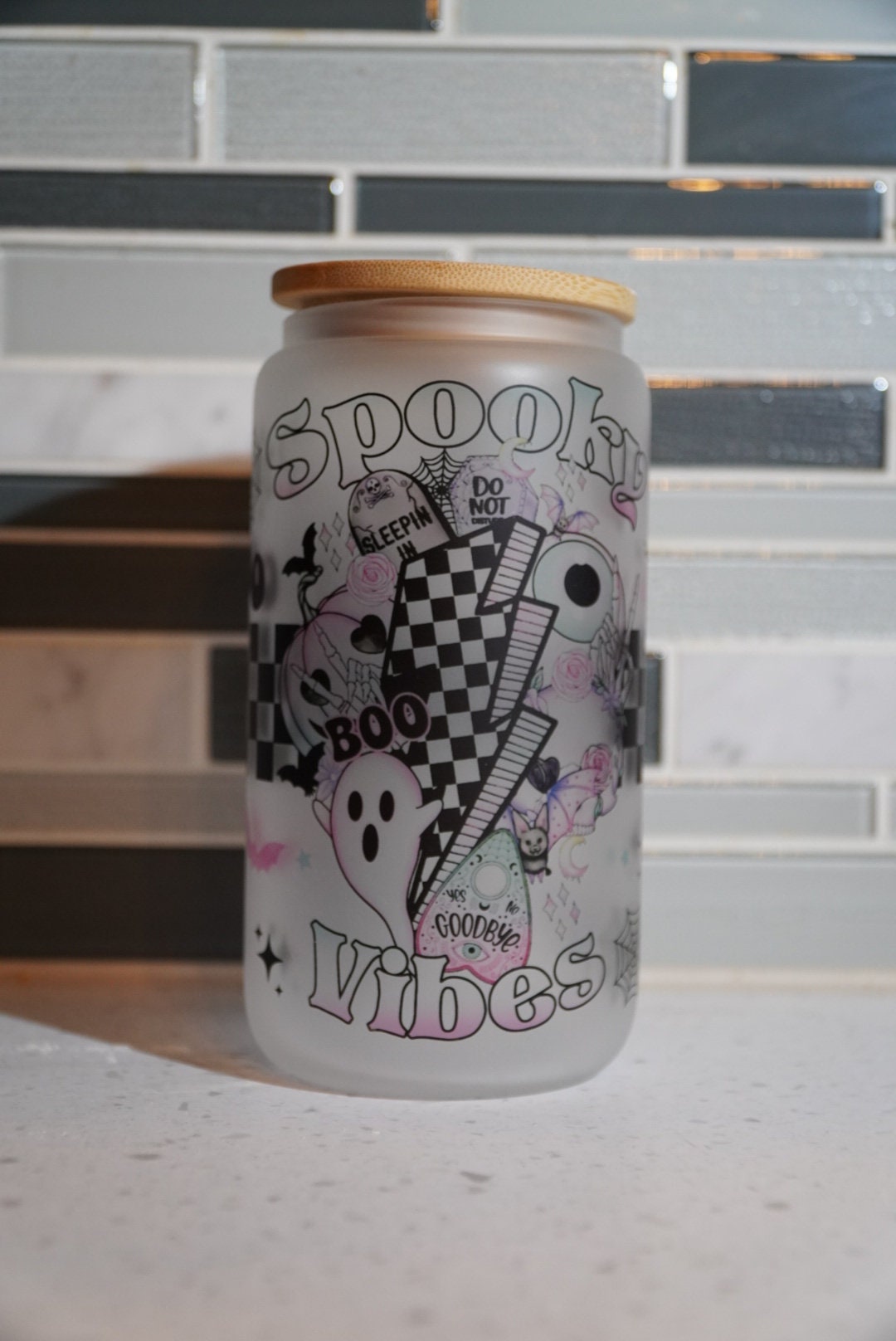 16 oz frosted cup glass**Coffee**Spooky vibes**Starbucks**Fall*retro*Spooky Vibes**Pumpkins**reusable cup** cup with lid and straw**Beer cup