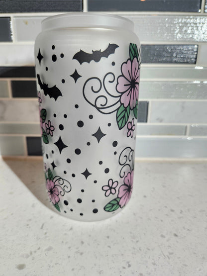 16 oz frosted cup glass**Ghost and flowers**bats**cold cup**reusable cup** cup with lid and straw**Beer cup*