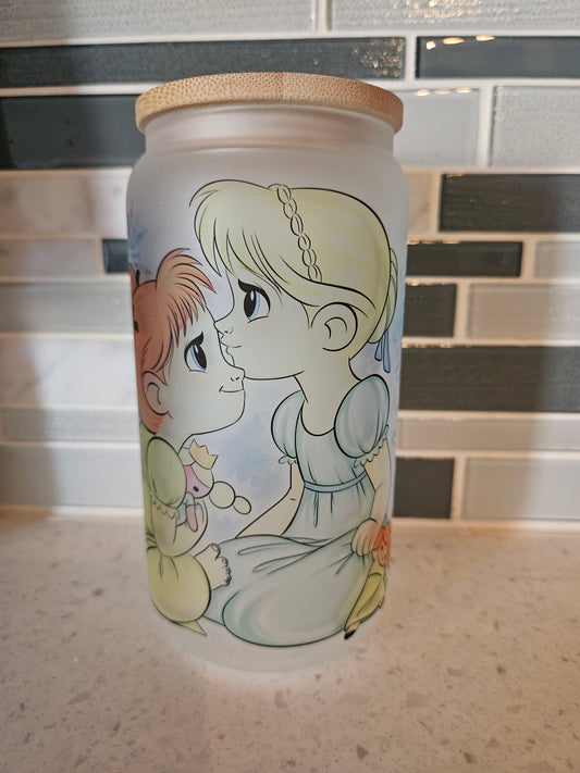 16 oz frosted cup glass**Elsa**Anna**cartoon**cold cup**reusable cup** cup with lid and straw**Beer cup**