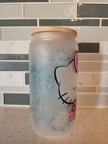 16 oz frosted cup glass**Hello**Kitty**cartoon**cold cup**reusable cup** cup with lid and straw**Beer cup**