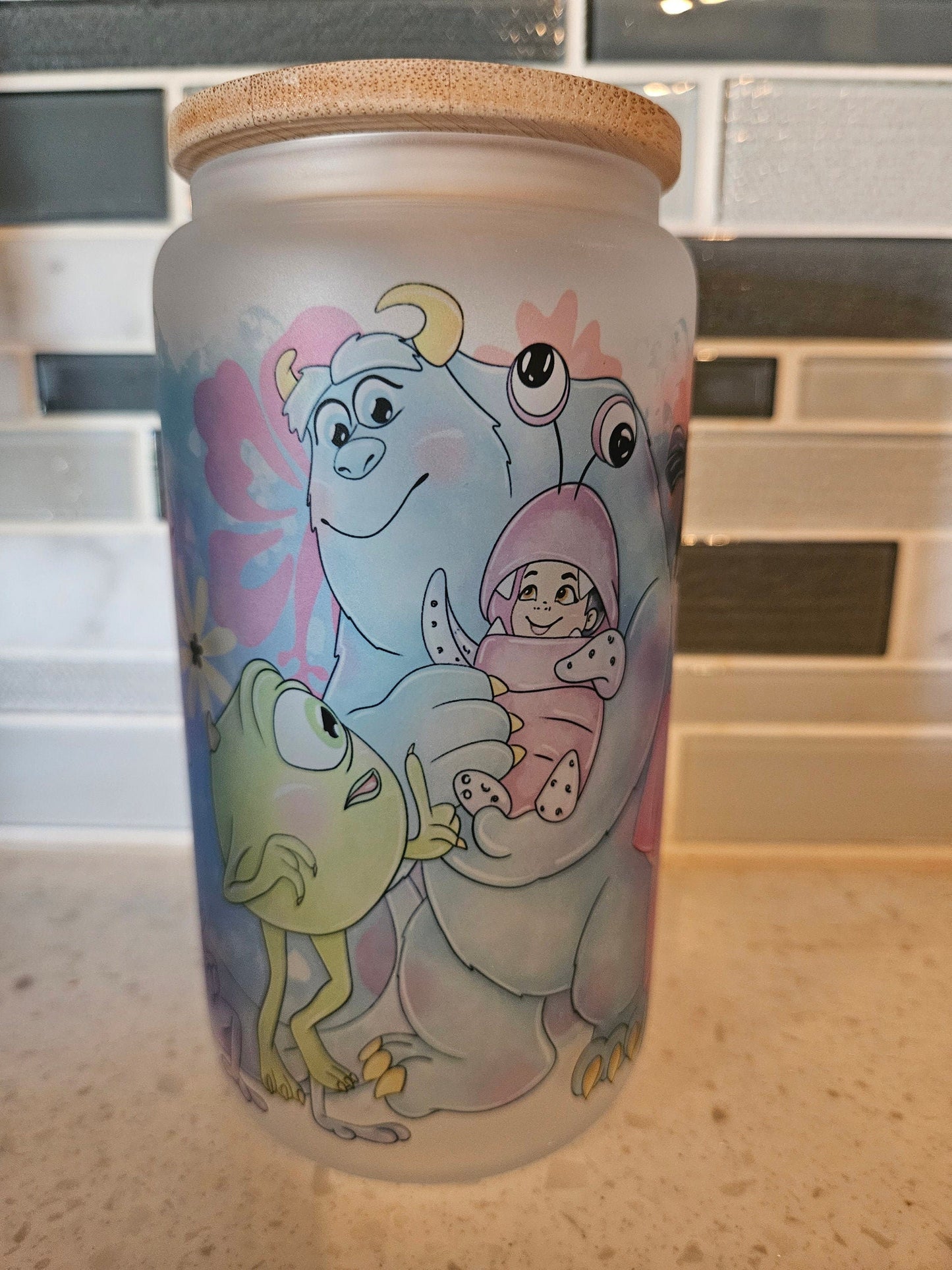 16 oz frosted cup glass**Monsters**Boo**Mike**story**cold cup**reusable cup** cup with lid and straw**Beer cup*