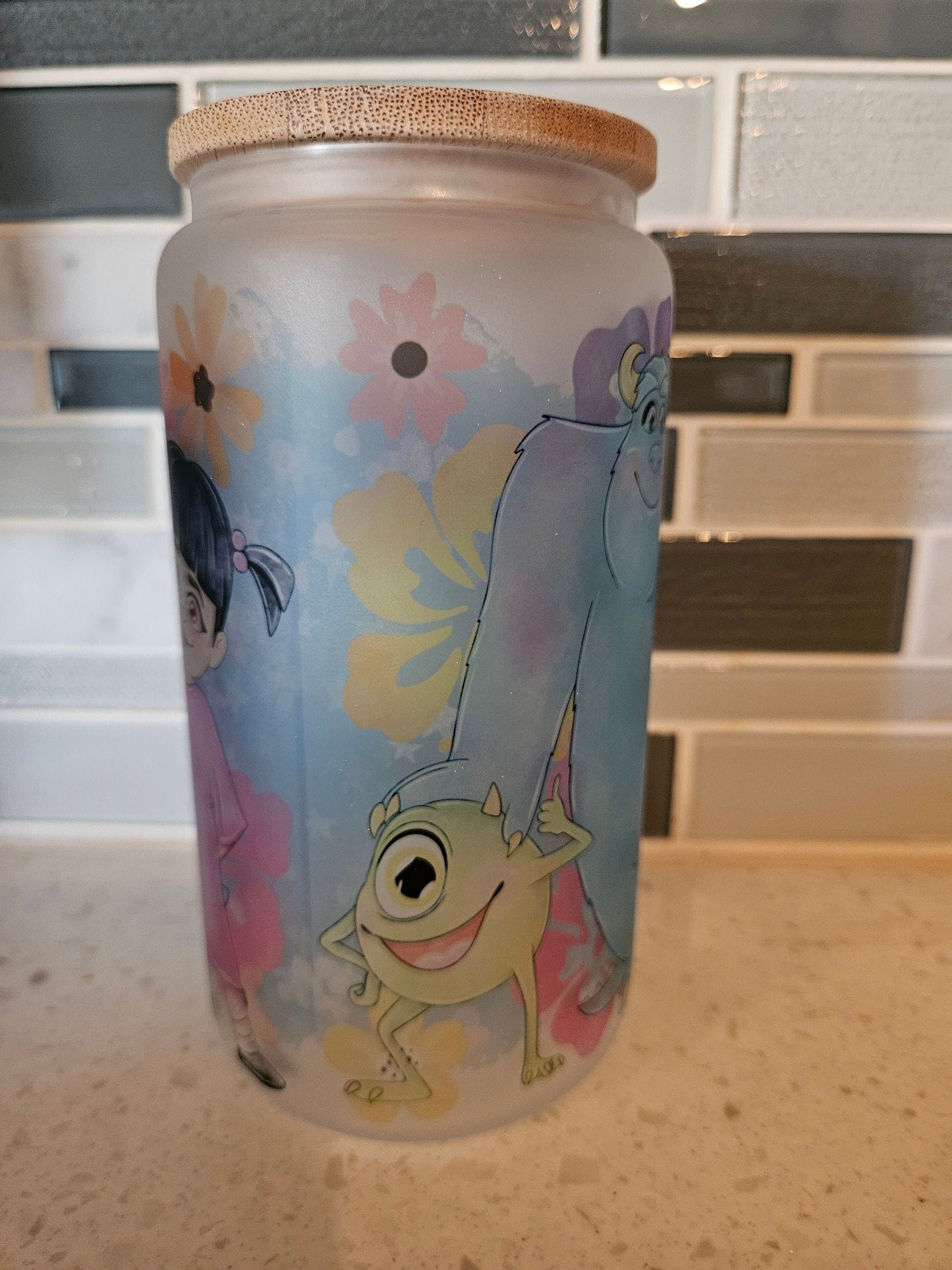 16 oz frosted cup glass**Monsters**Boo**Mike**story**cold cup**reusable cup** cup with lid and straw**Beer cup*