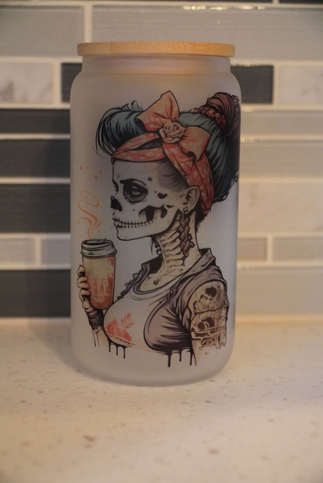 16 oz frosted cup glass**Dead inside**caffeinated*Skeleton*cold cup**reusable cup** cup with lid and straw**Beer cup*