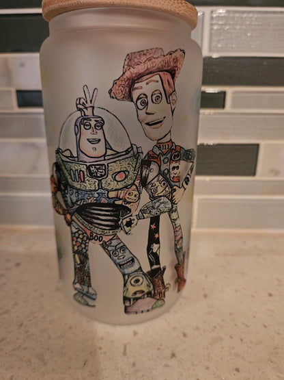 16 oz frosted cup glass**Buzz**Woody**story**cold cup**reusable cup** cup with lid and straw**Beer cup*