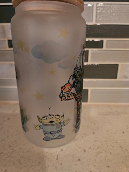 16 oz frosted cup glass**Buzz**Woody**story**cold cup**reusable cup** cup with lid and straw**Beer cup*