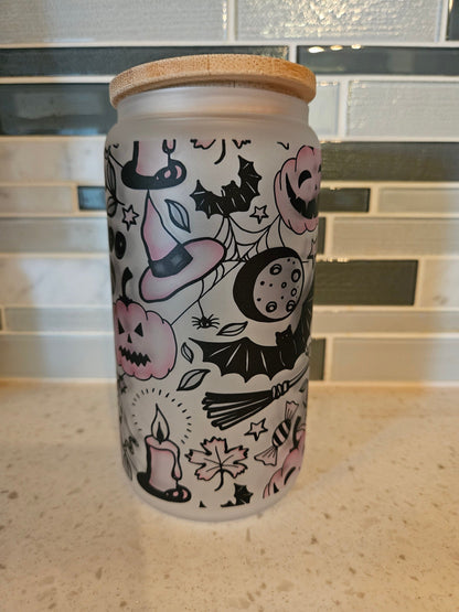 16 oz frosted cup glass**Coffee***Starbucks**Fall**Spooky Vibes**cold cup**reusable cup** cup with lid and straw**Beer cup*