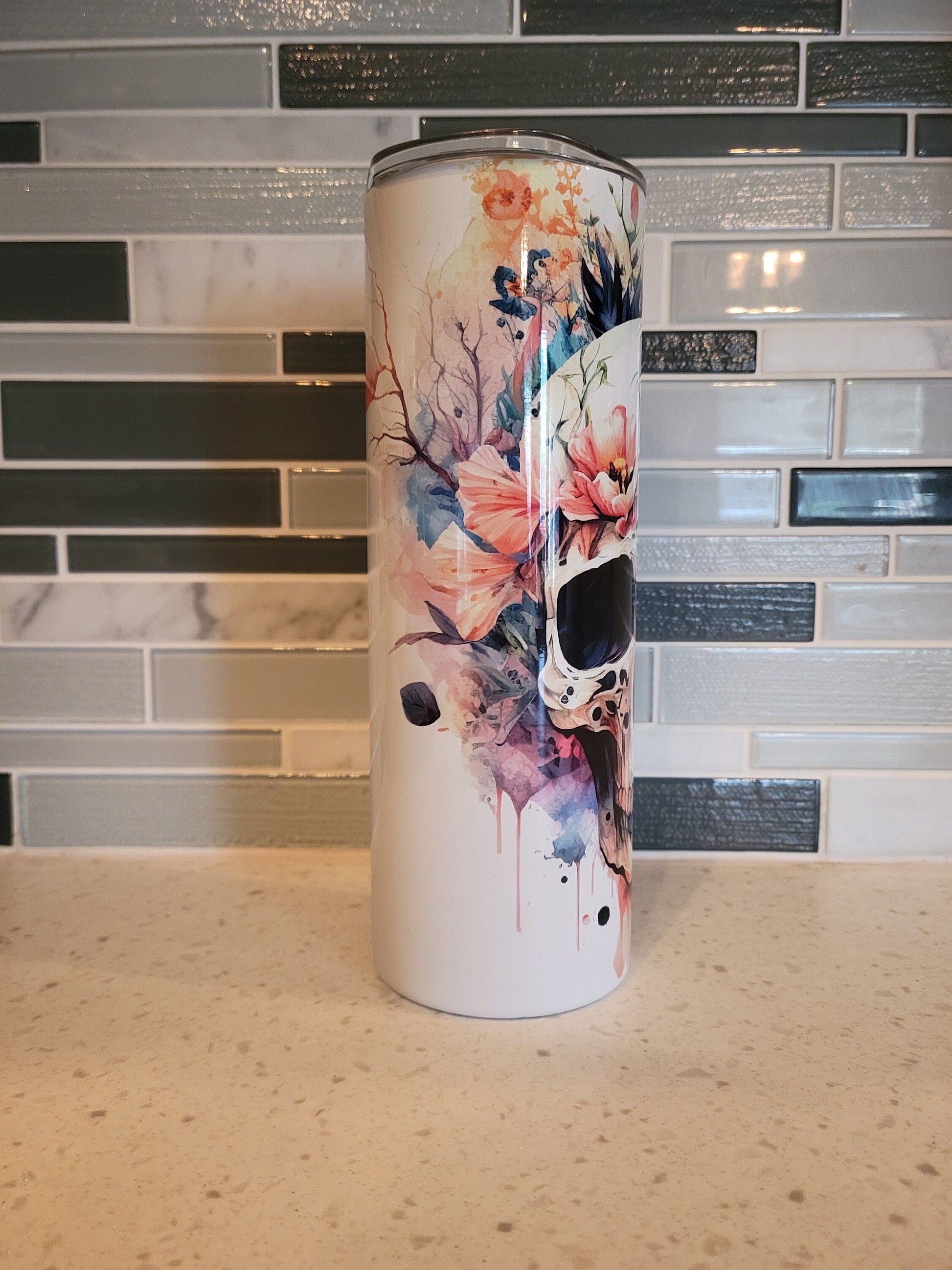 Skull and Watercolor flowers 20 oz tumbler Floral Skull Boho