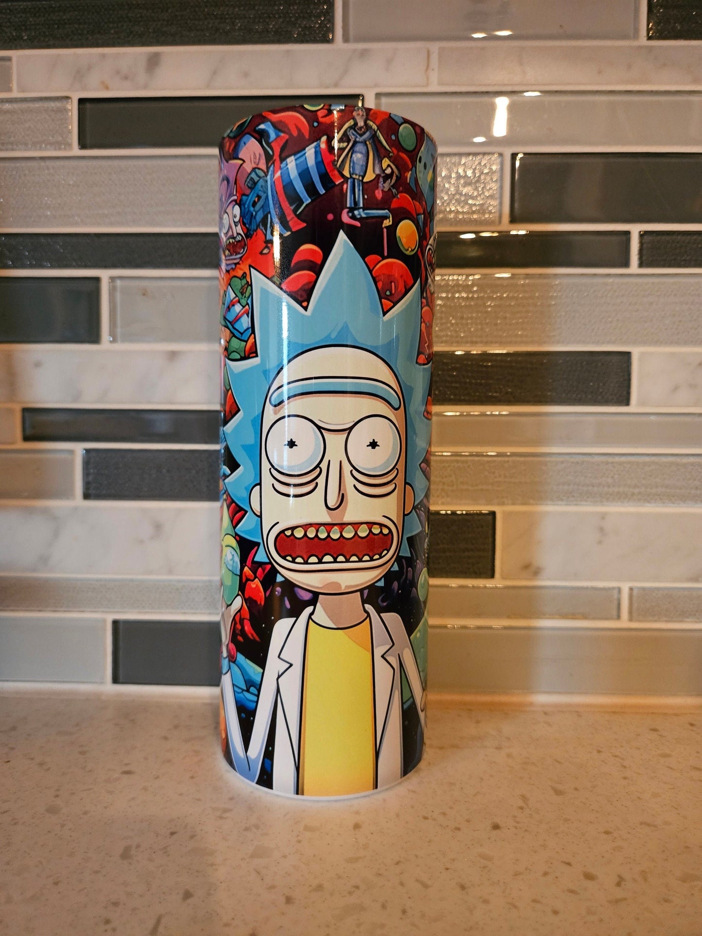 Rick** Pickle** Morty** 20 oz Skinny tumbler** cold and hot drink**