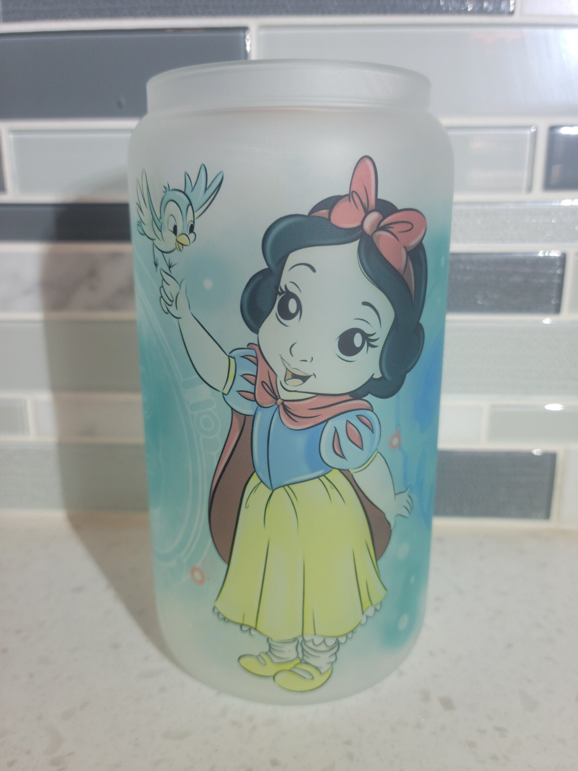 16 oz frosted cup glass**Snow**princess poison apple**cartoon**cold cup**reusable cup** cup with lid and straw**Beer cup**