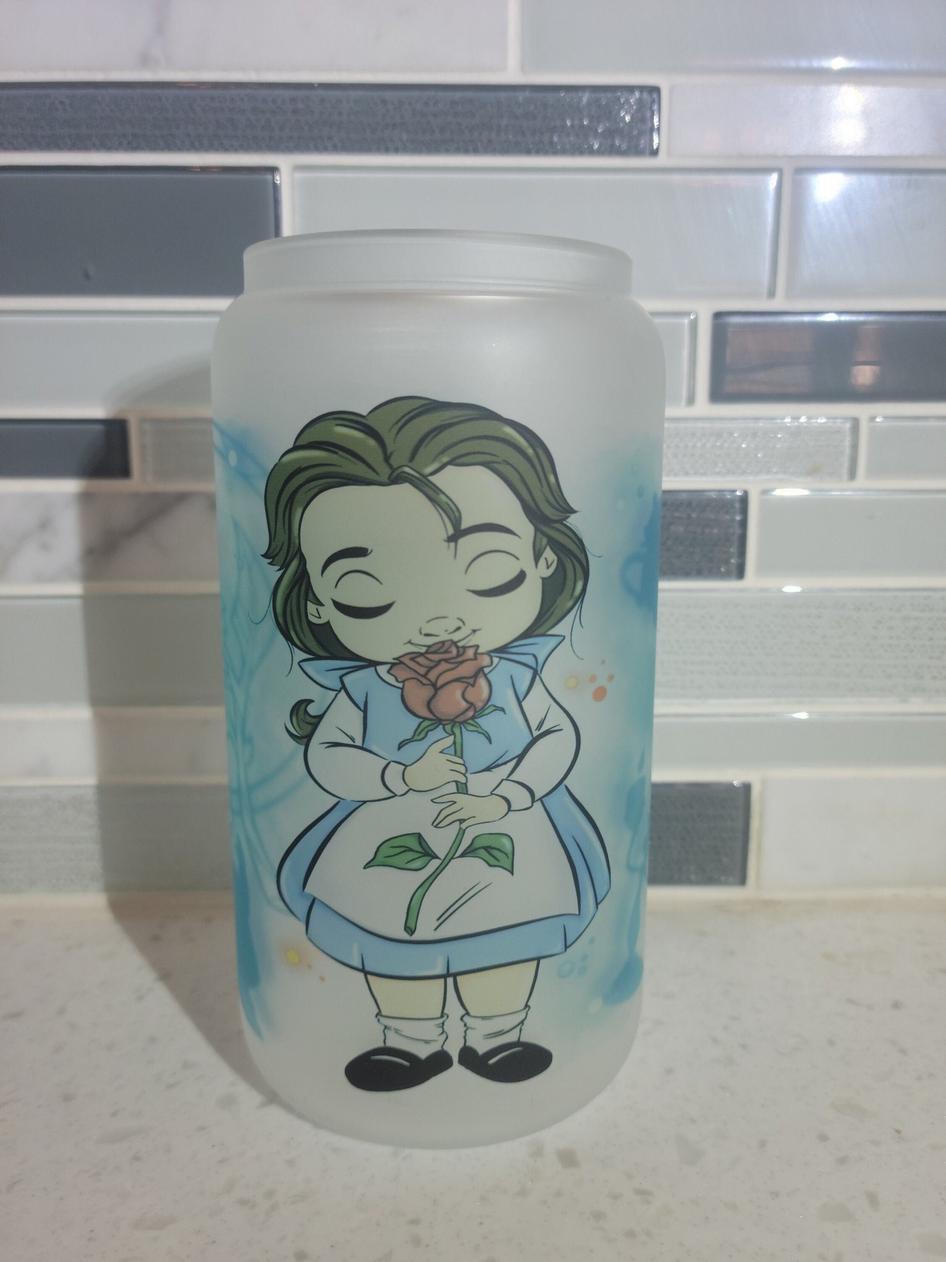 16 oz frosted cup glass**princess**Beauty**cartoon**cold cup**reusable cup** cup with lid and straw**Beer cup**