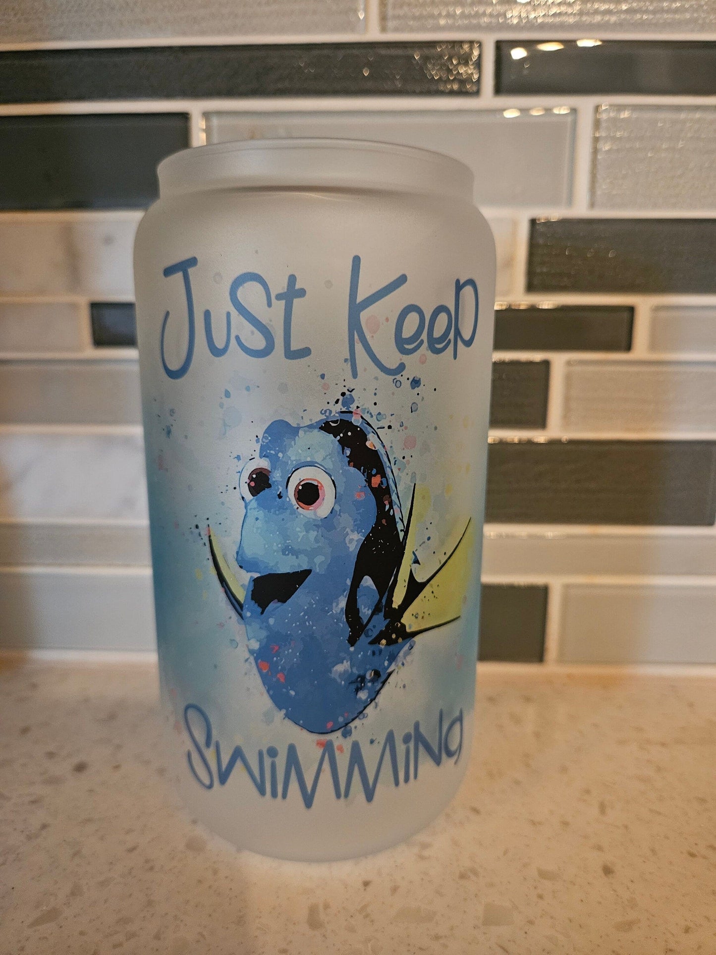 16 oz frosted cup glass**Dory**Just Keep Swimming**cold cup**reusable cup** cup with lid and straw**Beer cup*