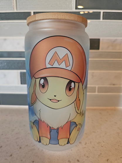 16 oz frosted cup glass**Eevee**Mario**plumber**pokemon**Super**cold cup**reusable cup** cup with lid and straw**Beer cup*