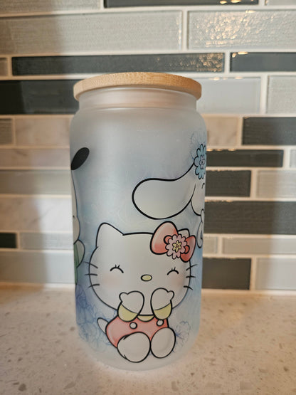 16 oz frosted cup glass**Hello**Kitty**friends**cartoon**cold cup**reusable cup** cup with lid and straw**Beer cup**