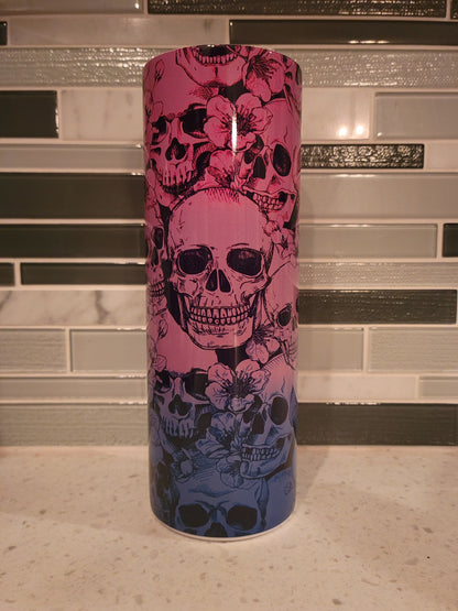 Flowers and Skulls 20 oz Skinny Tumbler Goth pink and purple ombre Tumbler