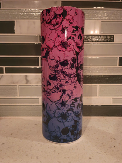 Flowers and Skulls 20 oz Skinny Tumbler Goth pink and purple ombre Tumbler