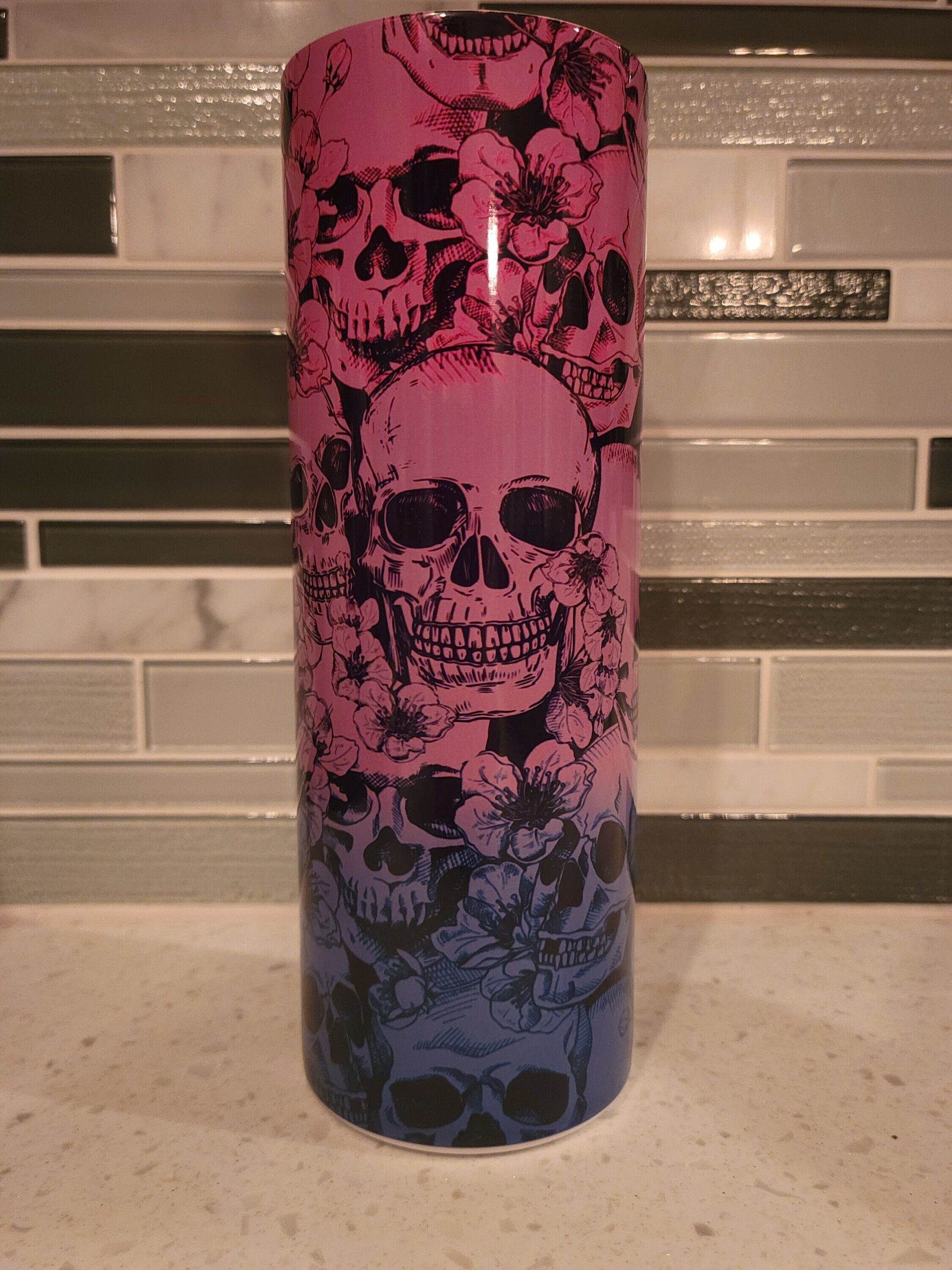 Flowers and Skulls 20 oz Skinny Tumbler Goth pink and purple ombre Tumbler