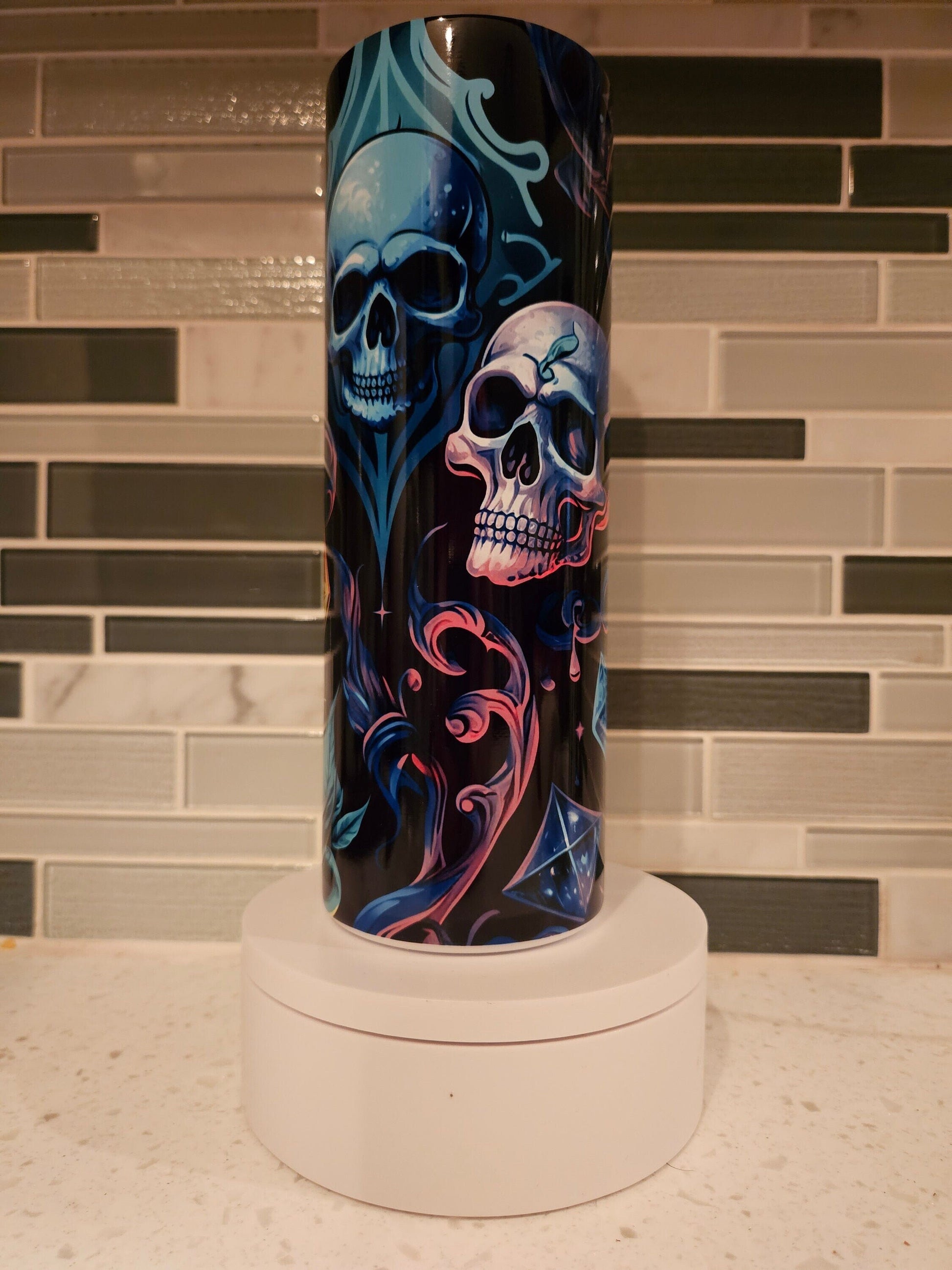 Skulls 20 oz Skinny Tumbler Goth blue and purple Tumbler